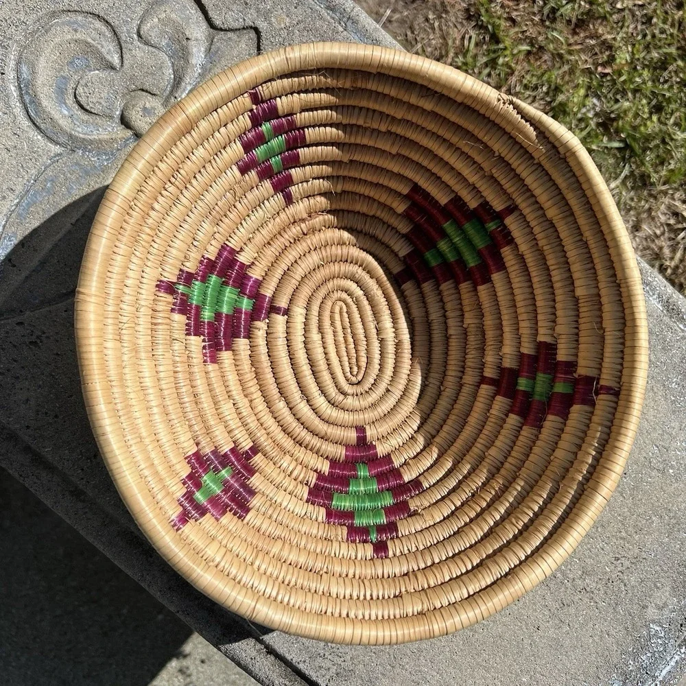 Vintage Handwoven Coil Basket Bowl Natural Fiber Purple Green Tribal Woven Decor